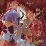  4girls absurdres asymmetrical_gloves black_dress black_gloves breasts castorice_(honkai:_star_rail) chandelier commentary cyrene_(demiurge)_(honkai:_star_rail) cyrene_(honkai:_star_rail) dress english_commentary evernight_(honkai:_star_rail) evey_(honkai:_star_rail) flower gloves hair_flower hair_ornament hat highres holding holding_brush holding_paintbrush honkai:_star_rail honkai_(series) hyacine_(honkai:_star_rail) indoors jellyfish long_hair march_7th_(honkai:_star_rail) medium_breasts mismatched_gloves multiple_girls paintbrush pink_hair pointy_ears purple_eyes purple_gloves purple_hair red_dress red_hat trina_tsk7 twitter_username very_long_hair white_dress window 