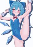  1girl absurdres armpits arms_up bare_shoulders blue_bow blue_eyes blue_hair blue_leotard blush bow bowtie canonball_(dungigi12) cirno commentary_request cowboy_shot detached_collar detached_wings drop_shadow flat_chest grin hair_between_eyes hair_bow highres ice ice_wings korean_commentary leg_up leotard looking_at_viewer red_bow red_bowtie short_hair simple_background smile solo split standing standing_on_one_leg standing_split touhou w white_background white_wrist_cuffs wings wrist_cuffs 