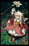  1girl :d absurdres arm_up black_border blonde_hair blush boots border chiaroscuro commentary crinoids dark detached_sleeves dim_lighting falling_star fate/kaleid_liner_prisma_illya fate_(series) feather_hair_ornament feathers field floating_hair flower flower_field from_above full_body gloves grass hair_between_eyes hair_ornament highres illyasviel_von_einzbern kaleidostick long_hair looking_at_object looking_up magical_girl magical_ruby neckerchief open_hand open_mouth orange_neckerchief outstretched_arm pink_boots prisma_illya reaching reaching_towards_another red_eyes shade smile solo standing star_(symbol) thigh_boots tongue two_side_up wand 