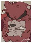  1boy angry artist_name bakemono_no_ko english_commentary fangs fangs_out furry furry_male japanese_clothes kimono kumatetsu looking_to_the_side male_focus red_eyes red_fur red_kimono signature solidasp yukata 