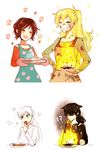  apron black_hair blake_belladonna blonde_hair burnt_food cookie english fire food kuma_(bloodycolor) multiple_girls red_hair ruby_rose rwby smile smudge weiss_schnee white_hair yang_xiao_long 