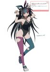  1girl :q ;q animal_ears black_hair black_leotard black_nails breasts cleavage commentary_request danganronpa_(series) danganronpa_2:_goodbye_despair fake_animal_ears fake_tail grey_thighhighs hair_horns highres large_breasts leotard long_hair mi_shengwu_3.2_hao mioda_ibuki multicolored_hair nail_polish one_eye_closed piercing pink_eyes playboy_bunny rabbit_ears rabbit_tail red_thighhighs shoes simple_background smile solo tail thighhighs tongue tongue_out torn_clothes torn_thighhighs translation_request white_background 