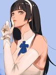  arm_at_side bangs bare_shoulders black_hair blue_background blue_bow blue_neckwear blue_ribbon blunt_bangs bow bowtie breasts collarbone commentary_request elbow_gloves eyelashes girls_frontline gloves hairband halter_top halterneck hand_to_own_mouth hand_up hime_cut impossible_clothes impossible_shirt large_breasts long_hair looking_at_viewer nose parted_lips pink_lips qbz-95_(girls_frontline) ribbon shirt simple_background skin_tight sleeveless solo standing takssmask turtleneck upper_body white_gloves white_hairband wristband yellow_eyes 