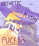 ambiguous_gender animate_inanimate anthro background_text belt belt_buckle black_body blonde_hair bodily_fluids buckle button_(fastener) button_eyes clothing collar cum cum_in_mouth cum_inside degradation degradation_kink degradation_text duo face_fucking facial_piercing fellatio freckles genital_fluids hair hat headgear headwear hi_res holding_head intersex intersex/intersex irrumatio jellybeankofi mammal mustelid nose_piercing nose_ring oral oral_penetration otter patched_clothing penetration penile penis_in_mouth piercing plushie profanity questionable_consent ring_piercing roffa selfcest sentient_plush sex square_crossover stuffing witch_hat yellow_body