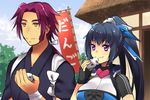  1girl black_gloves black_hair bow crossover daifuku eating fingerless_gloves food gloves honda_futayo katsugeki/touken_ranbu kurarin kyoukaisenjou_no_horizon ponytail purple_eyes red_hair smile tasuki tonbokiri_(touken_ranbu) touken_ranbu trait_connection translated wagashi yellow_eyes 