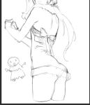  1boy :d ass back_bow backless_dress backless_outfit bow chibi chibi_inset christmas christmas_tree commentary cropped_legs dress edmond_(nu_carnival) english_commentary eyes_out_of_frame from_behind from_below halterneck hands_up head_out_of_frame kissawnshelly long_hair looking_back low_ponytail monochrome narrow_waist nu_carnival panties pantylines pantyshot parted_lips ponytail short_dress simple_background sketch sleeveless sleeveless_dress smile solo_focus spine thighs underwear unfinished very_long_hair white_background 