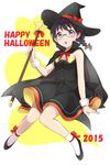  2015 ankle_bow ankle_ribbon ansatsu_kyoushitsu arm_support bangs bare_shoulders black_cape black_dress black_footwear black_hair black_hat black_shirt blue_eyes blush bow braid cape commentary_request dot_nose dress food_themed_hair_ornament full_body glasses hair_ornament halloween happy_halloween hat hat_bow holding holding_wand looking_at_viewer medium_hair okuda_manami open_mouth pumpkin_hair_ornament red_bow red_ribbon ribbon sekina shirt shoes sitting socks solo star twin_braids wand white_legwear witch_hat wrist_cuffs 