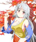  aospanking autumn_leaves bare_shoulders bow breasts cleavage detached_sleeves frills frown hatchet holding large_breasts long_hair looking_at_viewer oriental_hatchet red_bow red_eyes sakata_nemuno shadow sideboob silver_hair single_strap solo touhou tree upper_body wavy_hair white_background 