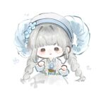  1girl apron bell belt blue_flower blue_horns blunt_bangs blunt_ends braid brown_belt capelet chinese_commentary collared_dress commentary_request country_lolita cropped_legs curled_horns dress fengmi_youzi_hua flower fringe_trim goat_horns grey_dress grey_eyes grey_hair grey_headscarf hair_flower hair_intakes hair_ornament hands_up happy headscarf highres horns horns_through_headwear infinity_nikki light_blush lolita_fashion long_hair long_sleeves loose_hair_strand low_twin_braids neck_bell nikki_(series) notice_lines official_alternate_color open_mouth pastoral_dance_(infinity_nikki) puffy_long_sleeves puffy_sleeves sidelocks simple_background smile solid_oval_eyes solo translucent_horns twin_braids very_long_hair waist_apron white_apron white_background white_capelet 