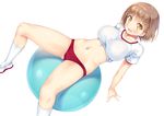  arm_support ball bangs blush breasts brown_hair buruma cameltoe collarbone crop_top exercise_ball eyebrows_visible_through_hair gym_uniform hairband highres ichi_makoto kneehighs large_breasts looking_at_viewer lying midriff navel on_back open_mouth original red_buruma shirt shoes short_hair short_sleeves sidelocks simple_background smile solo spread_legs t-shirt taut_clothes taut_shirt uwabaki white_background white_footwear white_legwear white_shirt yellow_eyes 