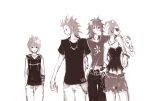  1girl 3boys alternate_costume antenna_hair arm_around_neck arm_warmers axel_(kingdom_hearts) belt bracelet bubble casual chain checkered_clothes chewing_gum commentary crop_top ear_piercing earrings english_commentary facial_mark facing_to_the_side glasses greyscale hand_on_another's_arm hands_in_pockets height_difference hood hoodie hoop_earrings illbewaiting jewelry kingdom_hearts kingdom_hearts_ii larxene long_hair looking_at_another male_focus marluxia medium_hair monochrome multiple_boys multiple_piercings nail_polish necklace pants pendant piercing roxas shirt short_hair shorts simple_background single_arm_warmer sleeveless sleeveless_hoodie smile spaghetti_strap spiked_hair sunglasses t-shirt upper_body white_background 