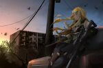  1girl absurdres ammunition_pouch apartment ayou_(aukuamani) bipod black_bra black_shorts blonde_hair blue_sky blurry blurry_foreground bra breasts brown_gloves brown_thighhighs building car cleavage closed_mouth commentary dog_tags english_commentary eyewear_on_head floating_hair from_side gloves gradient_sky green_eyes gun highres holding holding_gun holding_weapon knee_pads laser_sight leaf leaning_on_object load_bearing_equipment looking_to_the_side magazine_(weapon) medium_breasts motor_vehicle original partially_fingerless_gloves pouch scope shorts sidelocks sky solo sr-25 sunset suppressor thighhighs torn_clothes torn_thighhighs tree underwear unworn_eyewear utility_pole weapon 