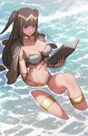  alternate_costume armlet bangs beach bikini black_eyes black_hair blunt_bangs book bracer breasts cape choker cleavage day fire_emblem fire_emblem:_kakusei fire_emblem_heroes highres jewelry large_breasts mynare navel outdoors parted_lips partially_submerged ring sitting solo stomach sunlight swimsuit tharja thigh_strap tiara twintails two_side_up water wet 