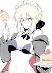  :o absurdres artoria_pendragon_(all) artoria_pendragon_(swimsuit_rider_alter) bangs bare_shoulders bikini black_bikini black_jacket black_ribbon blush braid breasts cake collar commentary_request detached_collar fate/grand_order fate/stay_night fate_(series) food fork french_braid frilled_collar frills fruit hair_ribbon harukon_(halcon) heart highres hood hoodie jacket looking_at_viewer maid_headdress navel neck_ribbon off_shoulder open_clothes open_jacket pale_skin ribbon silver_hair simple_background small_breasts solo strawberry swimsuit v-shaped_eyebrows white_background yellow_eyes 