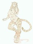  anthro breasts digitigrade feline female fur hair hindpaw humanoid_face jewelry mammal monochrome multi_breast multi_nipple necklace nipples nude oouna paws pussy solo striped_fur stripes tiger 