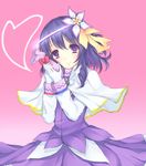  bag bangs blue_eyes blue_hair capelet closed_mouth commentary_request dress flower gloves gradient gradient_background hair_flower hair_ornament halo heart holding lely light_smile long_sleeves looking_at_viewer medium_dress original pink_background purple_dress short_hair solo standing sugar_satellite touhou upper_body white_capelet white_gloves 