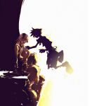  2boys anti_form_(kingdom_hearts) arm_support black_gloves cliff commentary elbow_rest english_commentary floating full_body gloves grey_hair hair_over_eyes hand_on_another's_arm illbewaiting kingdom_hearts kingdom_hearts_i knee_up looking_down male_focus medium_hair multiple_boys outstretched_arm riku_(kingdom_hearts) sad shadow short_hair sitting sleeveless solid_circle_eyes sora_(kingdom_hearts) spiked_hair surreal toned toned_male yellow_eyes 