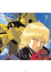  1990s_(style) 1boy absurdres aeug blonde_hair blue_eyes cable char_aznable cloud cloudy_sky gundam highres hyaku_shiki kitazume_hiroyuki magazine_scan mecha military_rank_insignia military_uniform mobile_suit mullet official_art perspective promotional_art quattro_bajeena radio_antenna red_eyes removing_eyewear retro_artstyle robot roundel scan science_fiction sky soldier thrusters traditional_media vernier_thrusters vest zeta_gundam 