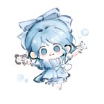  1girl alternate_hair_color bead_bracelet beads bloomers blue_bloomers blue_bow blue_dress blue_eyes blue_hair bow bracelet bubble bubble's_hometown_(infinity_nikki) buttons center_frills chibi chinese_commentary closed_mouth commentary_request cropped_legs dress fengmi_youzi_hua frills gloves hair_bow happy highres infinity_nikki jewelry light_blush medium_hair nikki_(series) outstretched_arm puffy_short_sleeves puffy_sleeves short_dress short_sleeves sidelocks simple_background smile solo tailcoat tareme waist_bow white_background white_gloves 