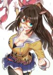  1girl animal_ears belt black_thighhighs blue_eyes blue_skirt breasts brown_hair cleavage clenched_hand coat commentary cowboy_shot domino_mask ear_scrunchie el_condor_pasa_(el_numero_1)_(umamusume) el_condor_pasa_(umamusume) eye_mask highres horse_ears horse_girl jacket large_breasts long_hair long_sleeves looking_at_viewer loose_belt mask miniskirt open_mouth pleated_skirt ponytail red_belt skirt smile solo standing thighhighs throwing umamusume unworn_coat white_background yellow_jacket yuto_(dialique) 