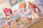  3girls absurdres animal_ears babydoll bedroom black_choker black_streaks blue_eyes breasts brown_cardigan cable_knit cardigan choker cleavage closed_eyes colored_tips commentary double-parted_bangs english_commentary glasses green_hair hair_between_eyes hair_bun hakos_baelz hakos_baelz_(strawberry_onesie) hanho heterochromia highres hololive hololive_english hood hooded_cardigan horns indoors irys_(casualrys)_(hololive) irys_(hololive) jacket large_breasts long_hair looking_at_another medium_hair mouse_ears mouse_girl mouse_tail multicolored_hair multiple_girls off_shoulder official_alternate_costume official_alternate_hairstyle open_mouth orange_hair pink_eyes pointy_ears polka_dot_babydoll red_hair red_streaks round_eyewear short_hair side_ponytail single_hair_bun sitting smile strap_slip tail takanashi_kiara takanashi_kiara_(cozy) virtual_youtuber white_babydoll white_jacket white_streaks yellow_babydoll 