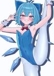  1girl absurdres armpits arms_up bare_shoulders blue_bow blue_eyes blue_hair blue_leotard blush bow bowtie canonball_(dungigi12) cirno commentary_request cowboy_shot detached_collar detached_wings drop_shadow flat_chest grin hair_between_eyes hair_bow highres ice ice_wings korean_commentary leg_up leotard looking_at_viewer pantyhose red_bow red_bowtie short_hair simple_background smile solo split standing standing_on_one_leg standing_split touhou w white_background white_pantyhose white_wrist_cuffs wings wrist_cuffs 