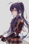  ahoge armor black_hair high_ponytail japanese_armor kiwame_(touken_ranbu) kote looking_at_viewer male_focus military military_uniform namazuo_toushirou necktie purple_eyes sheath sheathed shoulder_armor smile sode sword touken_ranbu uniform wakizashi weapon zek_(zecola) 