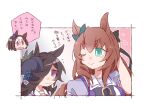  3girls ;) beer_hsk black_bow blue_flower blue_rose blush bow braid breasts brown_hair closed_mouth commentary_request ear_bow flower flying_sweatdrops green_eyes hair_between_eyes hair_over_one_eye hat hat_flower large_breasts long_hair maruzensky_(umamusume) multicolored_hair multiple_girls one_eye_closed open_mouth puffy_short_sleeves puffy_sleeves purple_bow purple_eyes purple_shirt rice_shower_(umamusume) rose school_uniform shirt short_sleeves small_sweatdrop smile special_week_(umamusume) sweat tilted_headwear tracen_school_uniform translation_request two-tone_hair umamusume wavy_mouth white_hair 
