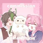  1boy 1girl 7x_kasumi :d ^_^ animification antenna_hair antennae blue_serafuku blush border brown_hair brown_vest closed_eyes commentary_request commission double_bun green_hair hair_between_eyes hair_bun highres holding holding_stuffed_toy ldshadowlady long_hair long_sleeves minecraft_youtube multicolored_hair pink_background pink_border pink_hair school_uniform serafuku shirt short_hair smallishbeans smile streaked_hair stuffed_animal stuffed_sheep stuffed_toy upper_body vest watermark white_shirt 