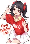  :d \m/ bangs black_hair bow character_name commentary cowboy_shot dated dot_nose double_\m/ hair_bow hair_ornament hairclip happy_birthday looking_at_viewer love_live! love_live!_school_idol_project medium_hair open_mouth pleated_skirt red_eyes red_shirt sekina shirt short_sleeves simple_background skirt smile solo standing swept_bangs twintails white_background white_skirt yazawa_nico 