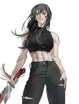  1girl abs absurdres bang_dream! bang_dream!_it's_mygo!!!!! black_hair black_pants blood blood_on_face breasts chinese_commentary commentary_request crop_top hero45439083942 highres holding holding_knife knife large_breasts long_hair low-tied_long_hair midriff navel open_mouth original pants scar simple_background solo white_background yahata_riko 