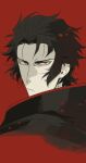  1boy black_hair closed_mouth commentary_request fate/grand_order fate_(series) glaring highres hijikata_toshizou_(fate) japanese_clothes kokujin_youhei looking_at_viewer looking_back male_focus portrait red_background red_eyes short_hair simple_background solo twitter_username upper_body 