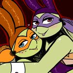  &lt;3 2017 anthro bandanna bedroom_eyes blue_eyes blush bunny_costume clothed clothing costume crossdressing donatello_(tmnt) duo fake_ears fake_rabbit_ears freckles half-closed_eyes hug inkyfrog lipstick looking_at_viewer makeup male mask michelangelo_(tmnt) red_background red_eyes reptile scalie seductive shell shirt_cuffs simple_background smile teenage_mutant_ninja_turtles turtle 
