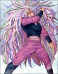  1boy aqua_background big_hair black_boots black_vest blood blood_from_mouth blood_on_face blue_eyes blue_hair boots commentary_request damaged eyelashes fog green_hair long_hair looking_at_viewer multicolored_hair namari_(kashin1215) pants pink_hair pink_pants pink_sash sash serious solo sunny_(toriko) toriko_(series) v-shaped_eyebrows vambraces very_long_hair vest white_hair 