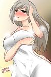  artist_name bangs blush breast_hold breasts breath brown_eyes commentary_request dated eyebrows_visible_through_hair girls_und_panzer hand_in_hair highres hoshikawa_(hoshikawa_gusuku) large_breasts light_brown_hair long_hair looking_at_viewer mature naked_towel parted_lips shimada_chiyo smile solo standing sweat towel upper_body white_towel 