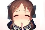  bangs blush bow brown_hair closed_eyes commentary_request facing_viewer food from_above hair_bow idolmaster idolmaster_cinderella_girls incoming_pocky_kiss long_hair parted_bangs pocky pocky_kiss sabi_wasabi shared_food solo tachibana_arisu 