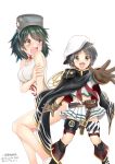  2girls absurdres artist_name bangs black_hair blue_hair boots brown_eyes cape choker commentary_request cosplay costume_switch cutlass diving_mask diving_mask_on_head feet_out_of_frame foreshortening green_eyes green_hair hat heterochromia highres kantai_collection kiso_(kantai_collection) kiso_(kantai_collection)_(cosplay) maru-yu_(kantai_collection) maru-yu_(kantai_collection)_(cosplay) multiple_girls muzzuleflash navel open_mouth parted_bangs pauldrons pleated_skirt remodel_(kantai_collection) sailor_collar sailor_hat school_swimsuit school_uniform serafuku shirt short_hair simple_background skirt smile swimsuit tears thighhighs twitter_username white_background white_choker white_sailor_collar white_school_swimsuit white_shirt white_skirt white_swimsuit yellow_eyes 