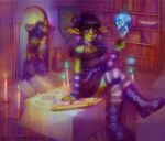 absurd_res alternative_fashion anthro arm_warmers armwear avian beak bone bones_(seventhprime) boots candle claws clothing dungeons_and_dragons duo ear_piercing female footwear frown frowning_at_viewer furniture glowing goblin goth gothic_lolita green_body hair hair_bun hand_on_head hasbro hat headgear headwear hi_res humanoid j-fashion kadalsaurus kenku legwear lich lolita_(fashion) male male/female nezzah_(the7thprimarch) not_furry on_table orb piercing shocked shoes shortstack sitting sitting_on_table skeleton skull stockings table thigh_highs undead wizards_of_the_coast yellow_eyes