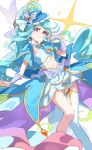  1girl aqua_bow aqua_bowtie aqua_capelet aqua_hair blue_hat boater_hat bow bowtie bridal_gauntlets brooch butterfly_hat_ornament capelet closed_mouth commentary cure_eclair earrings finger_to_mouth gloves grey_gloves half-closed_eyes hat hat_ornament heart heart_brooch highres impossible_hair jewelry layered_skirt long_hair looking_at_viewer magical_girl meitantei_precure! midriff miniskirt navel nekogayasan orange_eyes ponytail precure shirt showgirl_skirt single_thighhigh skirt sleeveless sleeveless_shirt smile solo sparkle standing thighhighs tilted_headwear very_long_hair white_background white_shirt white_skirt white_thighhighs 