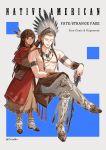  1boy 1girl blonde_hair bracer braid brown_eyes brown_hair chiamo_(lmc_clm) closed_eyes commentary_request dark-skinned_female dark_skin dress earrings fate/strange_fake fate_(series) feather_hair_ornament feathers fringe_trim full_body gilgamesh_(fate) grey_background hair_ornament headdress highres jewelry long_hair native_american_clothes native_american_headdress necklace pants poncho shoes short_hair sitting smile tine_chelc toned toned_male topless_male 