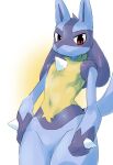 2021 3_fingers ambiguous_anthro ambiguous_gender anthro biped blue_body blue_fur blue_tail canid canine chest_spike digital_drawing_(artwork) digital_media_(artwork) facial_markings featureless_crotch fingers fur generation_4_pokemon glistening glistening_eyes gloves_(marking) grey_inner_ear grey_markings hand_spike head_markings looking_at_viewer lucario mammal markings mouth_closed multicolored_body multicolored_fur navel neck_tuft nintendo nude nude_ambiguous nude_anthro pointy_ears pokemon pokemon_(species) prick_ears pu_sukebe red_eyes simple_background solo spikes spikes_(anatomy) tail tuft yellow_body yellow_fur