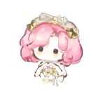  1girl bare_arms bare_shoulders bow brown_bow brown_eyes chibi chinese_commentary commentary_request cropped_torso curly_hair dress dress_flower expressionless eyes_visible_through_hair fengmi_youzi_hua flower frills grey_bow hair_bow highres light_blush looking_ahead mask mask_on_head medium_hair nikki_(nikki) nikki_(series) no_mouth own_hands_together pink_flower pink_hair pink_rose rose shining_nikki signature simple_background sleep_mask solid_oval_eyes solo strapless strapless_dress waist_bow white_background white_bow white_dress yellow_mask 