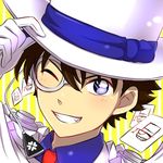  bangs blue_eyes blue_shirt brown_hair cape card close-up commentary_request face gloves grin hair_between_eyes hand_on_headwear hat kaitou_kid kuroba_kaito looking_at_viewer magic_kaito male_focus monocle necktie one_eye_closed red_neckwear sekina shirt smile solo top_hat white_gloves white_hat yellow_background 