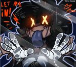 4_hands :3 against_surface artist_name bare_shoulders black_background black_body black_hair black_sclera blood blood_from_eye bodily_fluids bow_ribbon breaking_the_fourth_wall brown_body brown_skin clothing corpse cute_fangs cyn_(murder_drones) diddlydooter1 digital_drawing_(artwork) digital_media_(artwork) disguise earless eldritch_abomination exclamation_point fangs female flirting flirting_with_viewer freckled_face freckled_shoulders freckles glitch_productions glowing glowing_eyes grey_body grey_tongue hair hands_against_glass heart_symbol hearts_around_head human humanoid lens_flare licking licking_glass licking_screen looking_at_viewer machine mammal metal metallic_body multi_hand murder_drones noseless oil on_glass on_screen owo patchwork_creature red_text robot robot_humanoid scar scars_all_over screen screen_face seam_(sewing) segmented_body signature simple_background skinsuit solo stitch_(sewing) surgical_suture talking_to_viewer teeth tessa_(murder_drones) text threatening tight_clothing tongue undead unusual_anatomy white_body worker_drone x_eyes yellow_eyes zombie