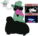absurd_res anthro big_butt black_body black_fur blush bottomless bovid butt caprine clothed clothing darkner deltarune digital_media_(artwork) eyewear female fur glasses goat group hat headgear headwear hi_res horn human kris_dreemurr live_tucker_reaction long_tongue looking_at_viewer male male_focus mammal monster open_mouth ralsei reptile scalie simple_background smile susie_(deltarune) text thick_thighs tongue tongue_out topwear topwear_only trio undertale_(series) wide_hips woopyy