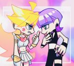  1boy 1girl angel angry asymmetrical_clothes black_jumpsuit black_nails blonde_hair blue_eyes blunt_bangs breasts choker colored_inner_hair commentary_request cousins crop_top earrings girly_boy hair_over_one_eye hatake_(hatanosuke) highres jewelry jumpsuit long_hair midriff miniskirt multicolored_hair navel official_style panty_&amp;_stocking_with_garterbelt panty_(psg) pink_hair polyurethane_(psg) purple_hair short_hair single_pantsleg skirt sleeveless_jumpsuit smile tongue tongue_out triangle_earrings two-tone_hair waist_ribbon 