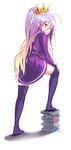  black_legwear book_stack c-eye crown long_hair looking_at_viewer looking_back no_game_no_life purple_hair purple_skirt red_eyes shiro_(no_game_no_life) skirt solo standing thighhighs 