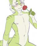 2026 amorous anthro bedroom_eyes blue_eyes blush digital_drawing_(artwork) digital_media_(artwork) domestic_cat eye_through_hair eyebrow_through_hair eyebrows fangs felid feline felis flower fur green_body green_fur hair half-closed_eyes holding_flower holding_object inner_ear_fluff looking_at_viewer male mammal multicolored_body narrowed_eyes nipples pink_nipples pink_nose plant rose_(flower) seductive seth_(amorous) simple_background slim_male small_fangs smelling_flower smile solo tail teeth translucent translucent_hair tuft undercovernezha unfinished white_background white_body white_fur white_hair white_hands