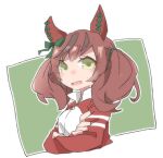  1girl beer_hsk bow brown_hair commentary_request cropped_torso crossed_arms ear_bow green_background green_bow jacket looking_at_viewer multicolored_hair nice_nature_(umamusume) open_mouth red_jacket small_sweatdrop solo streaked_hair sweat track_jacket twintails two-tone_background umamusume upper_body white_background yellow_eyes 