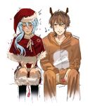  2boys absurdres animal_costume antlers aroused between_legs black_boots blue_hair blush boots brown_eyes brown_hair capelet closed_eyes closed_mouth controller dress edmond_(nu_carnival) eiden_(nu_carnival) feet_out_of_frame flying_sweatdrops fur-trimmed_boots fur-trimmed_capelet fur-trimmed_dress fur-trimmed_headwear fur_trim grin hair_between_eyes hair_over_shoulder half-closed_eyes hand_between_legs hat heart heavy_breathing highres holding holding_controller holding_remote_control horns kissawnshelly long_hair long_sleeves looking_at_another low_ponytail motion_lines multiple_boys musical_note nu_carnival onesie pink_lips pom_pom_(clothes) ponytail pursed_lips red_capelet red_dress red_hat reindeer_antlers reindeer_costume remote_control remote_control_vibrator santa_costume santa_dress santa_hat sex_toy shade short_hair simple_background sitting smile sweat tearing_up trembling twitter_username v-shaped_eyebrows vibrator vibrator_under_clothes white_background wireless_sex_toy_controller yaoi 